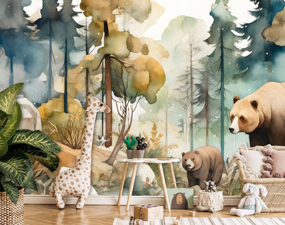 Bears in the Painted Forest Non-Woven Photo Wallpaper (W x H) 312 cm x 219 cm (123" x 86")