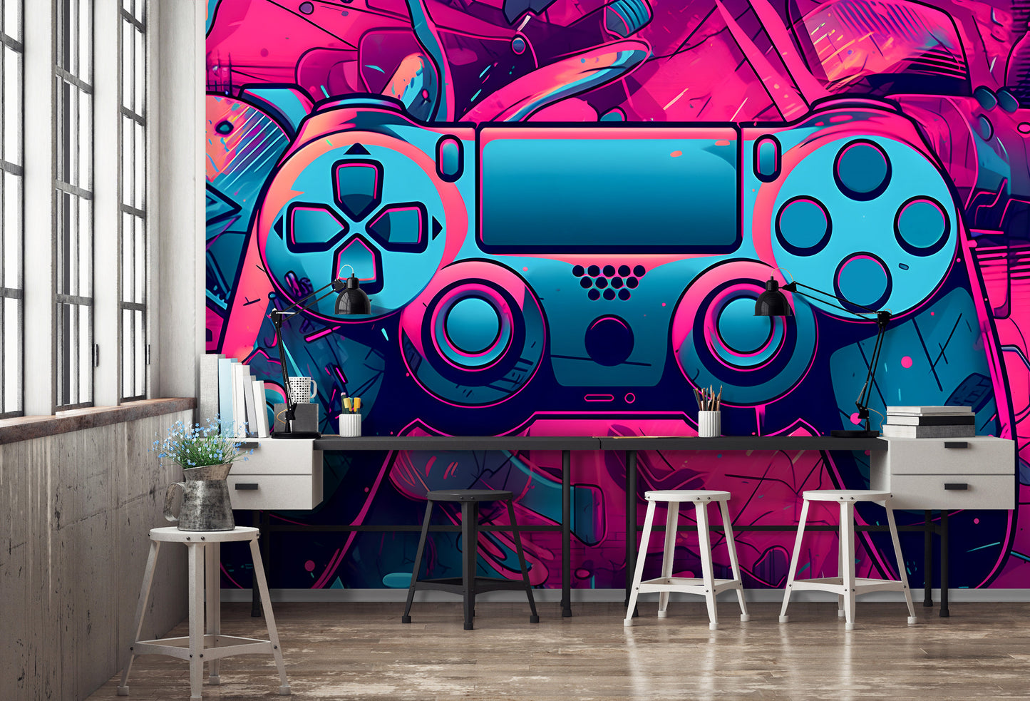 Gamer Console Controller Teen Bedroom Non-woven Photo Wallpaper (W x H) 312 cm x 219 cm (123" x 86")