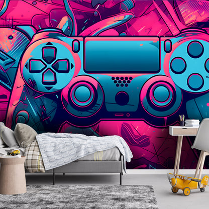 Colorful gaming console mural in a living room setting
