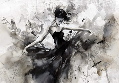 Artistic depiction of a woman in a flowing dress with floral elements