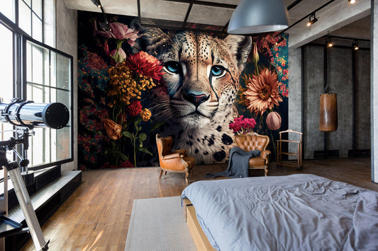 Wild Cat and Flowers Animal Non-woven Photo Wallpaper (W x H) 312 cm x 219 cm (123" x 86")