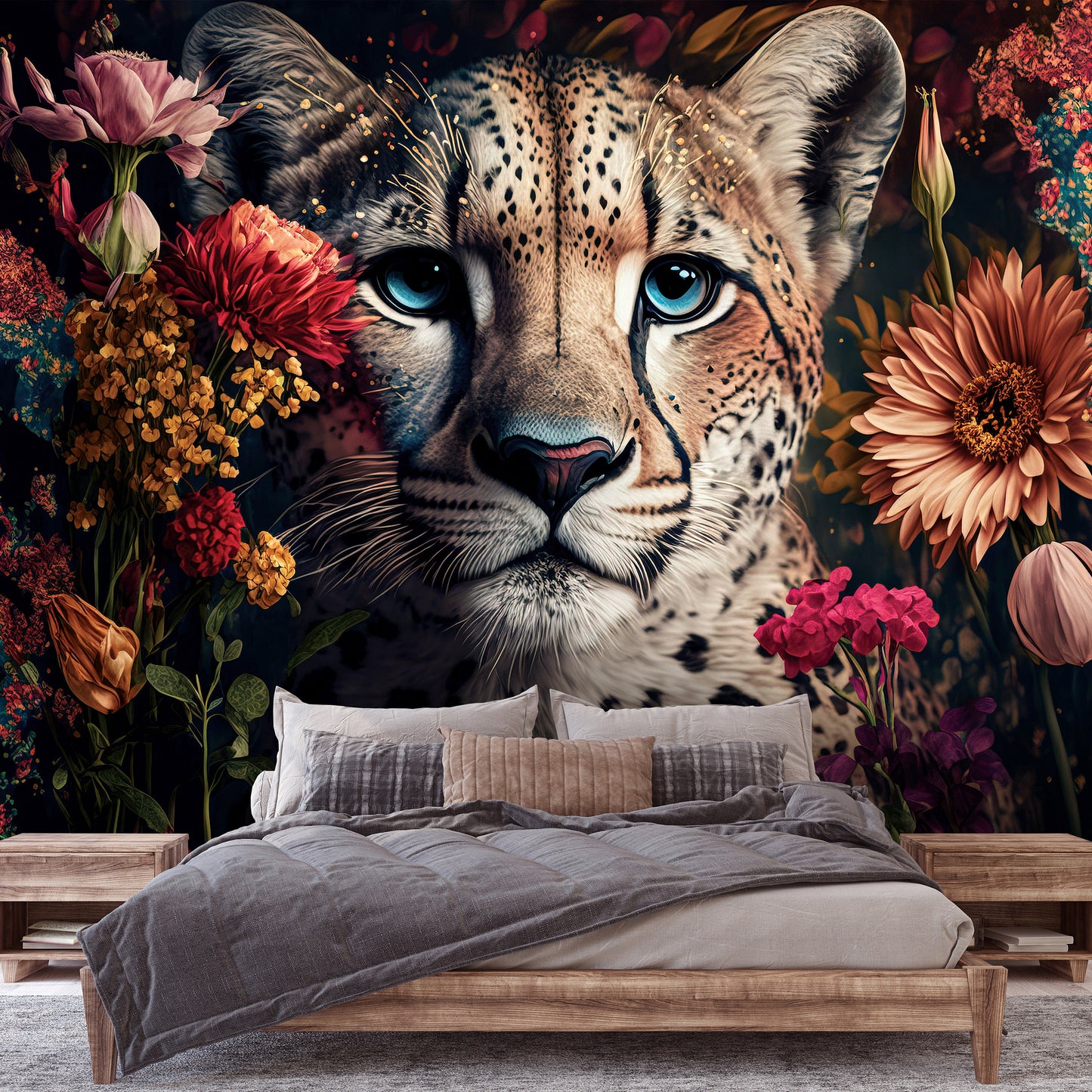 Wild Cat and Flowers Animal Non-woven Photo Wallpaper (W x H) 312 cm x 219 cm (123" x 86")