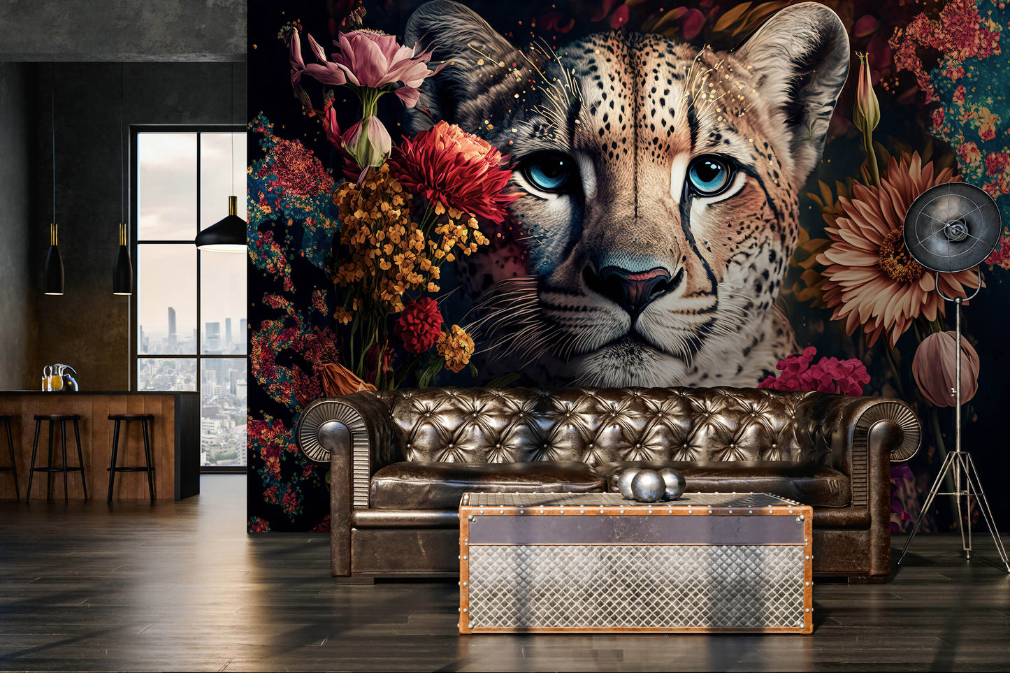 Wild Cat and Flowers Animal Non-woven Photo Wallpaper (W x H) 312 cm x 219 cm (123" x 86")