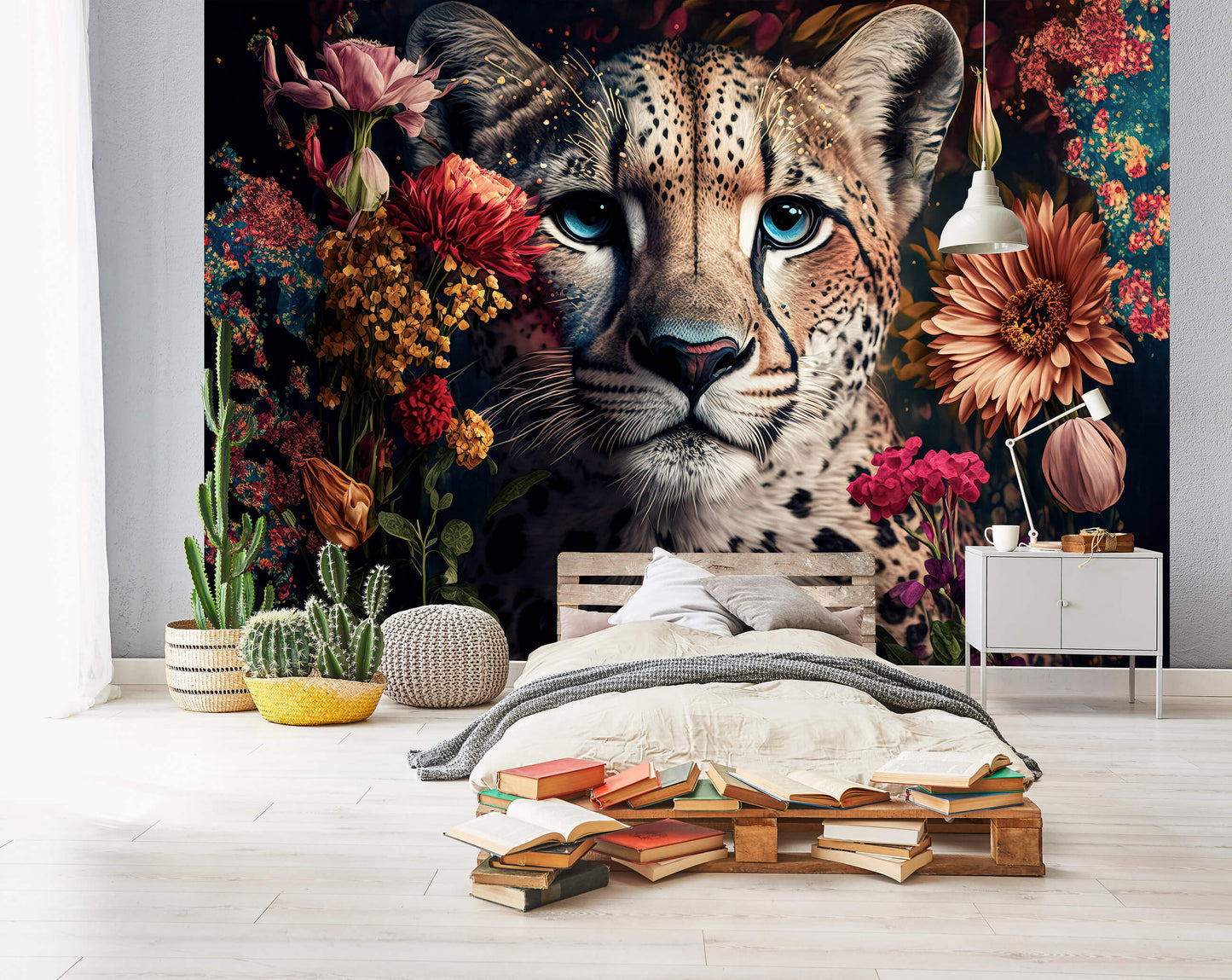 Wild Cat and Flowers Animal Non-woven Photo Wallpaper (W x H) 312 cm x 219 cm (123" x 86")