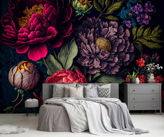 Bedroom with a vibrant floral mural on the wall