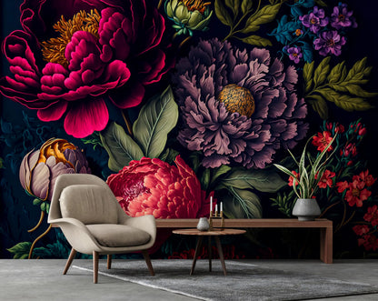 Flowers Peonies and Roses Black Red Non-woven Photo Wallpaper (W x H) 312 cm x 219 cm (123" x 86")