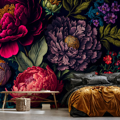 Flowers Peonies and Roses Black Red Non-woven Photo Wallpaper (W x H) 312 cm x 219 cm (123" x 86")