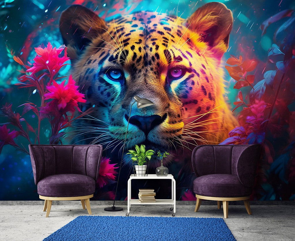 Painting Wild Cat Colorful Animal Animal Non-woven Photo Wallpaper (W x H) 312 cm x 219 cm (123" x 86")