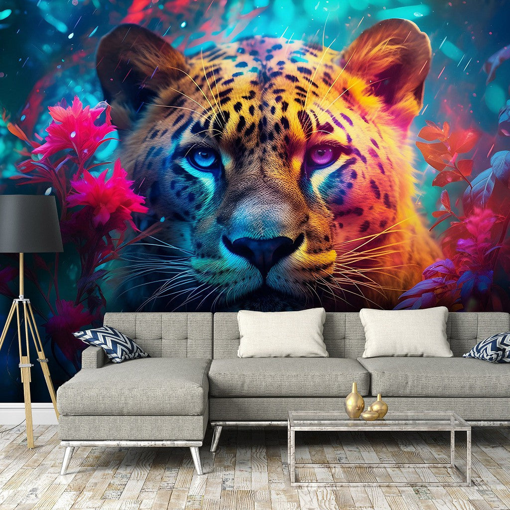 Painting Wild Cat Colorful Animal Animal Non-woven Photo Wallpaper (W x H) 312 cm x 219 cm (123" x 86")