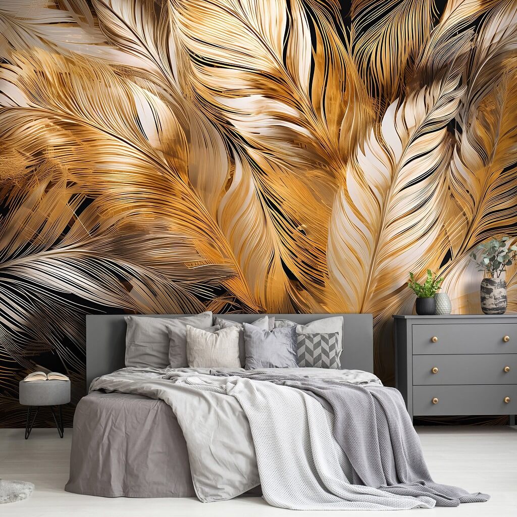 Large Golden Feathers Animal Non-woven Photo Wallpaper (W x H) 312 cm x 219 cm (123" x 86")