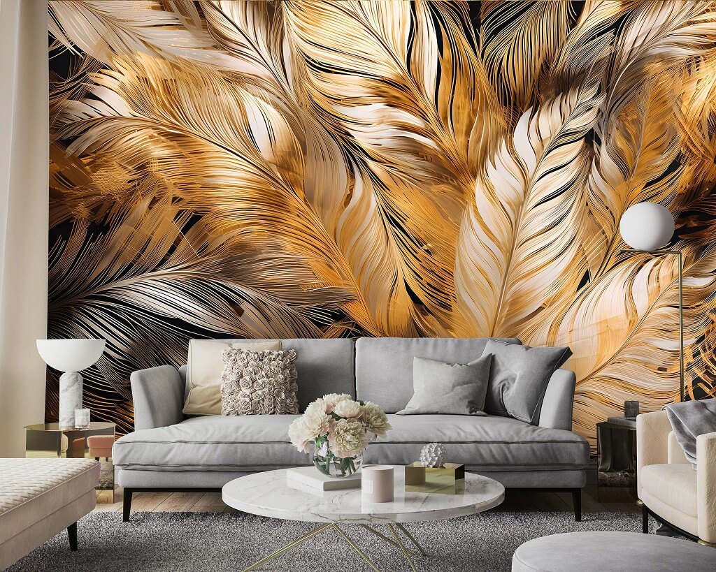 Large Golden Feathers Animal Non-woven Photo Wallpaper (W x H) 312 cm x 219 cm (123" x 86")