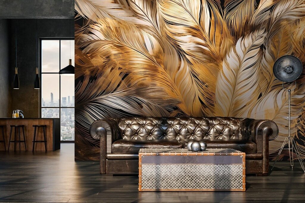 Large Golden Feathers Animal Non-woven Photo Wallpaper (W x H) 312 cm x 219 cm (123" x 86")