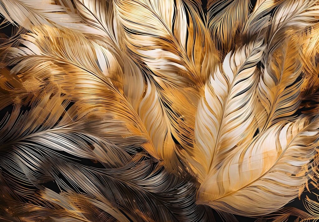 Large Golden Feathers Animal Non-woven Photo Wallpaper (W x H) 312 cm x 219 cm (123" x 86")