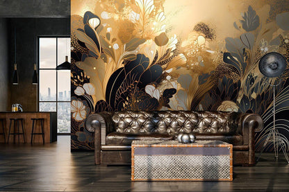 Gold and black luxury botanical photo wallpaper living room