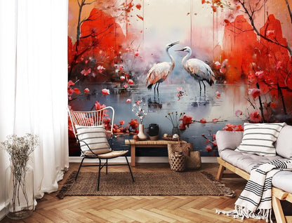 Wild Cranes Red Background Non-woven Photo Wallpaper
