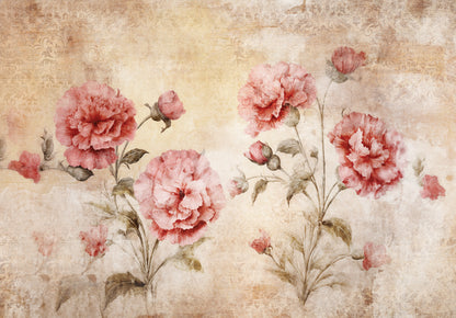 Vintage-style floral design with pink flowers on a textured beige background