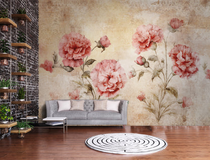 Living room with floral wall mural, gray sofa, and round black and white rug.