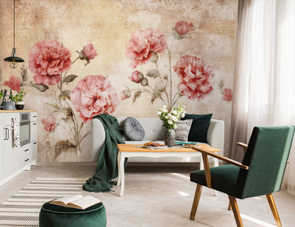 Living room with floral wall mural, green armchair, and white sofa.