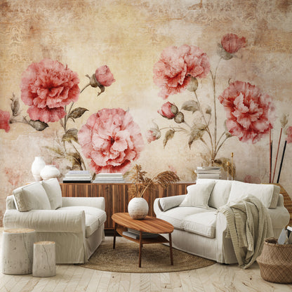 Living room with floral wallpaper, white sofa, and wooden coffee table.