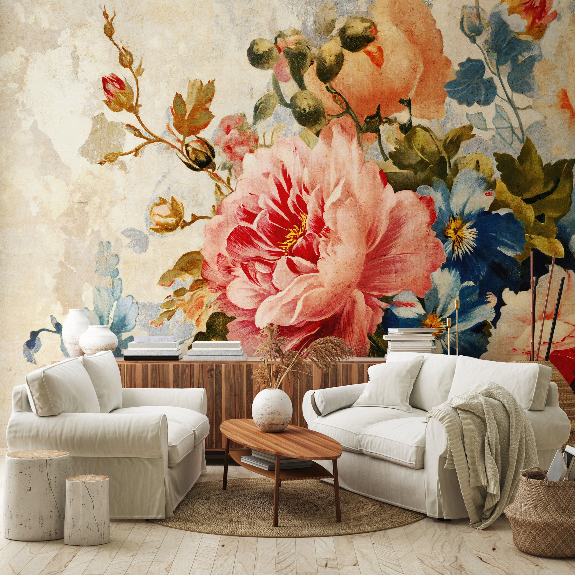 Living room with floral wall mural and white furniture