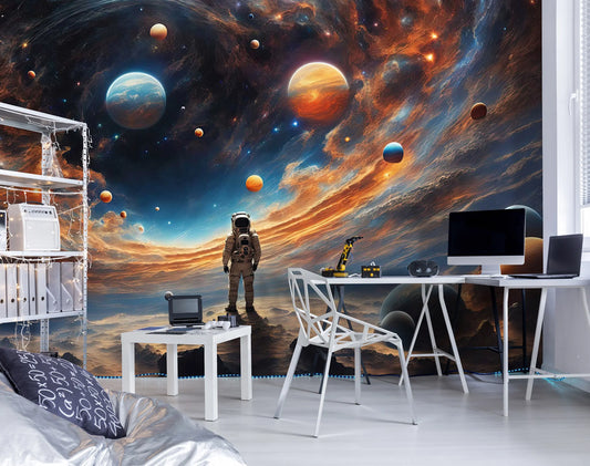Space-themed mural with planets and an astronaut in a modern office setting.