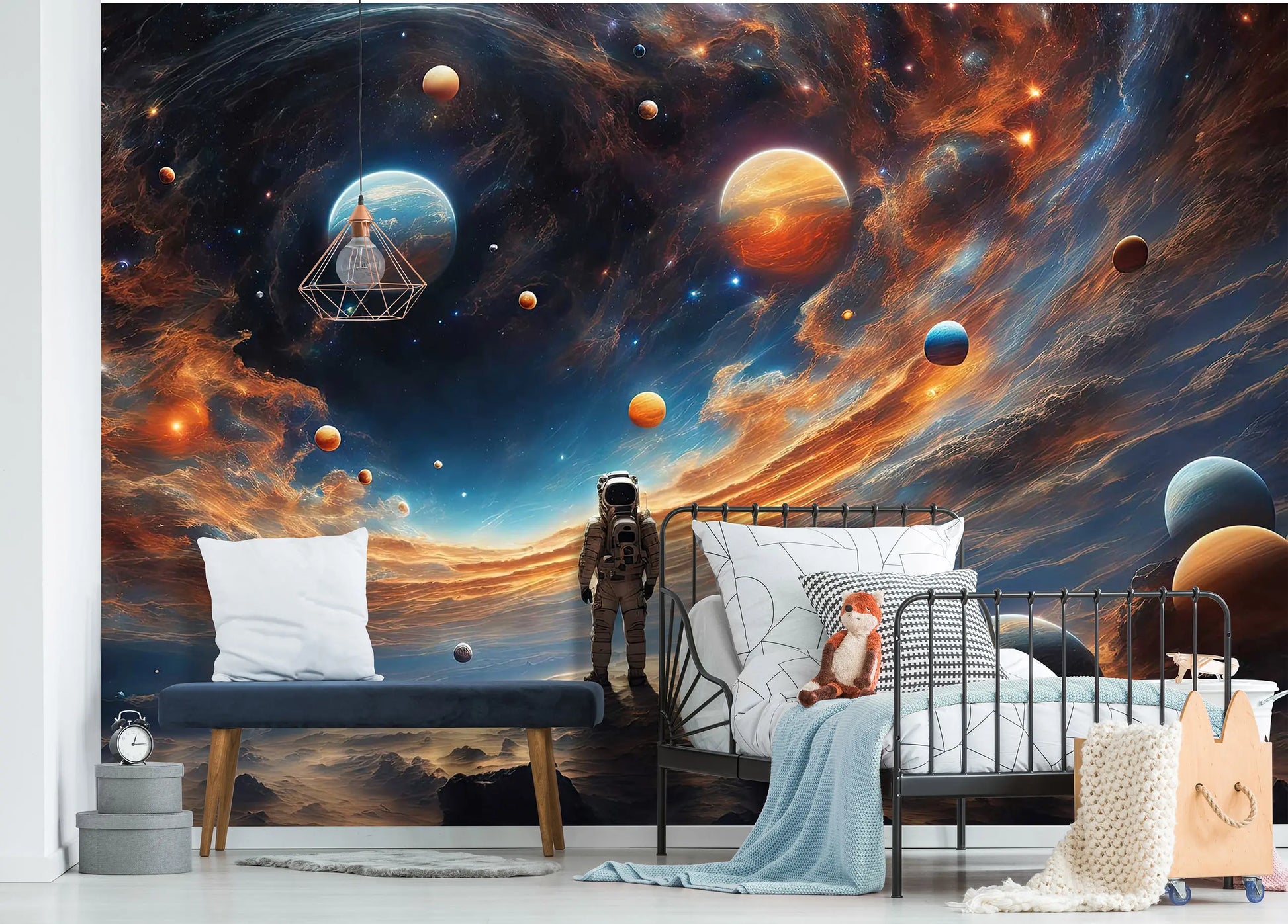 Room interior with a space-themed wall mural featuring planets and an astronaut.