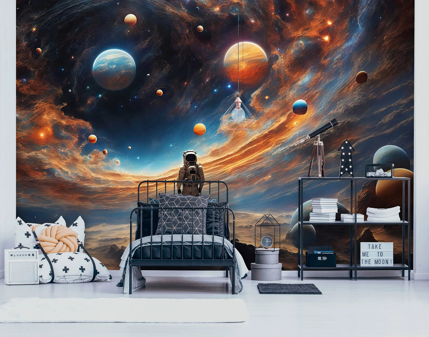 Room interior with a space-themed wall mural featuring planets and an astronaut.