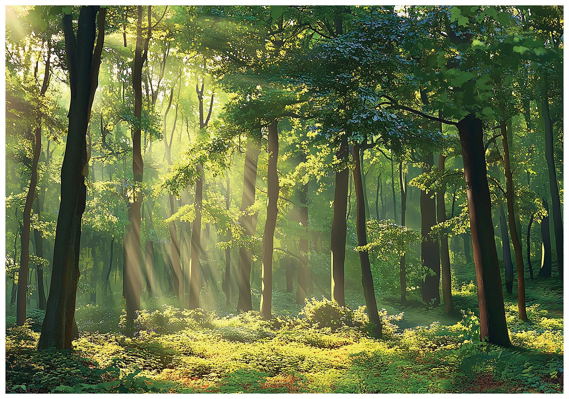 Sunlight filtering through trees in a forest
