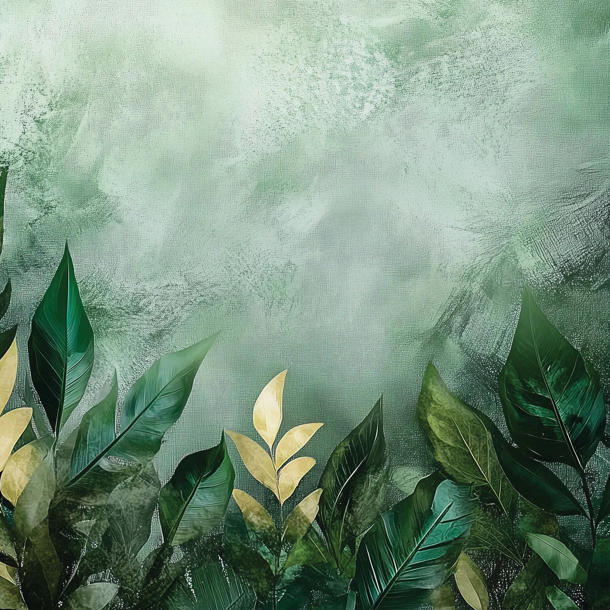 Artistic depiction of green leaves on a textured green background wallpaper