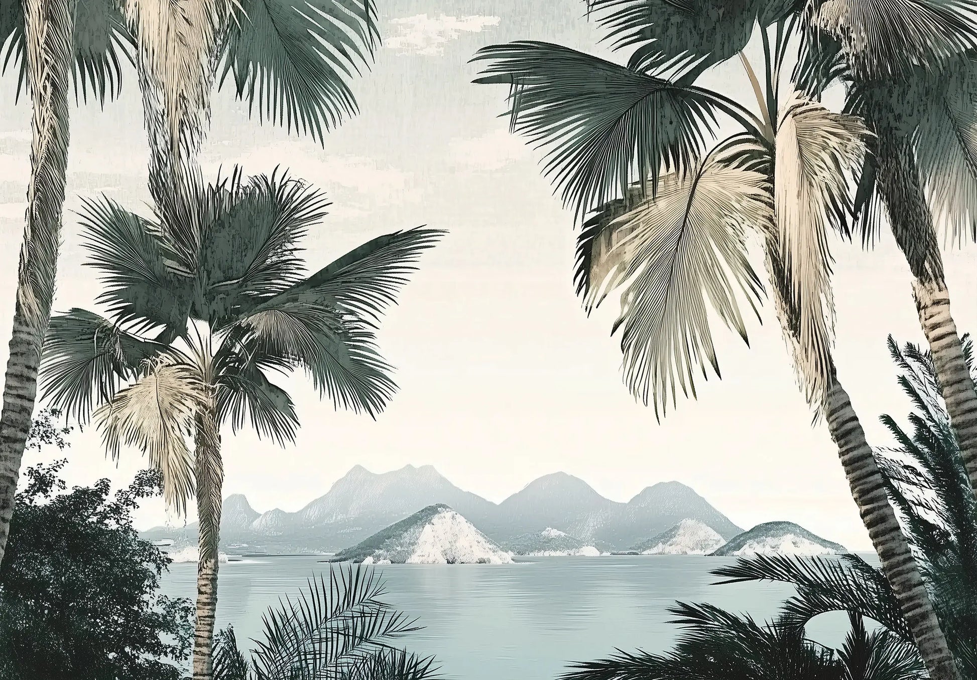 Tropical landscape with palm trees and mountains in the background wallpaper mural