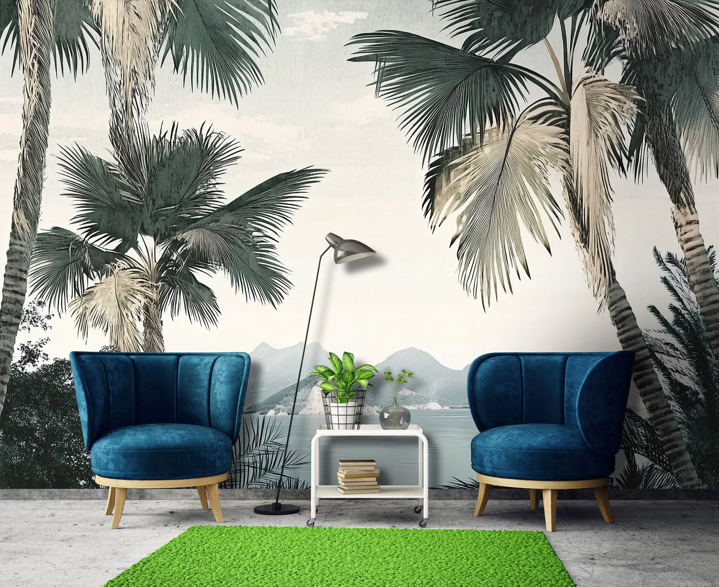 Modern living room with blue chairs, a green rug, and palm tree wall mural.