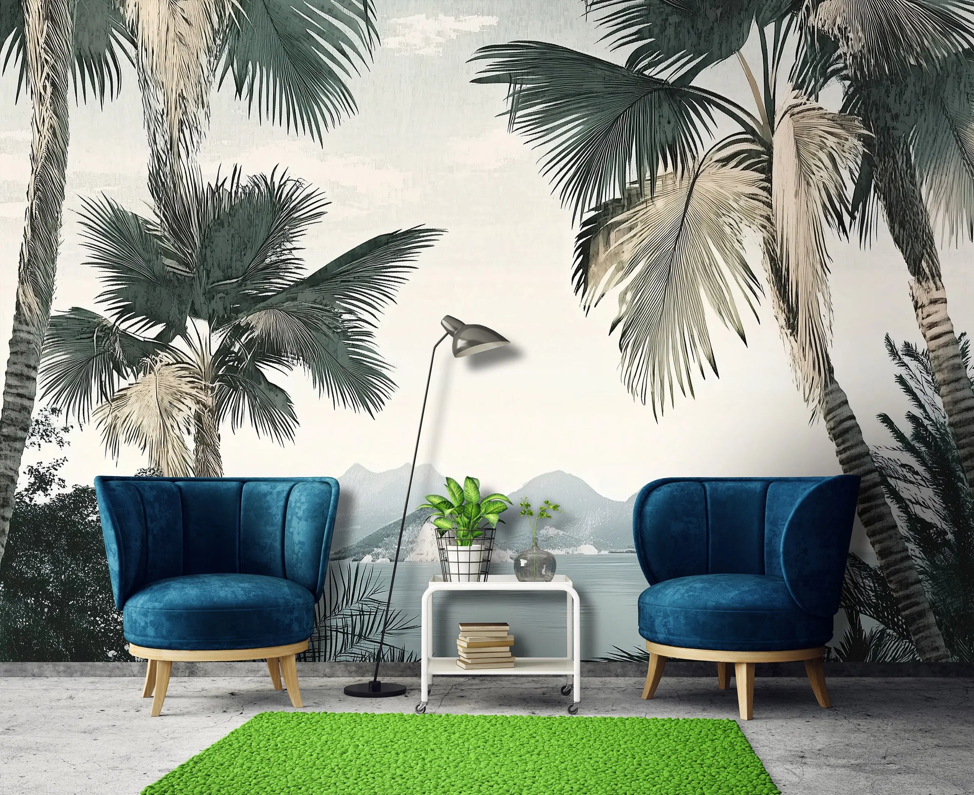 Modern living room with blue chairs, a green rug, and palm tree wall mural.