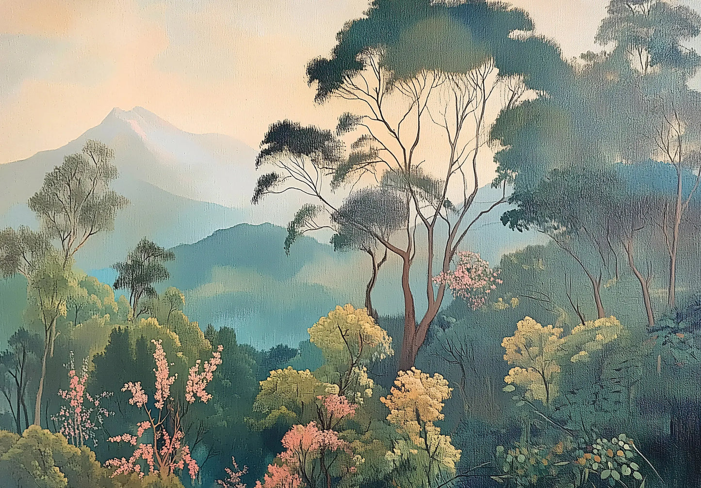 Painting of a forest scene with trees and flowers, featuring a mountain in the background.