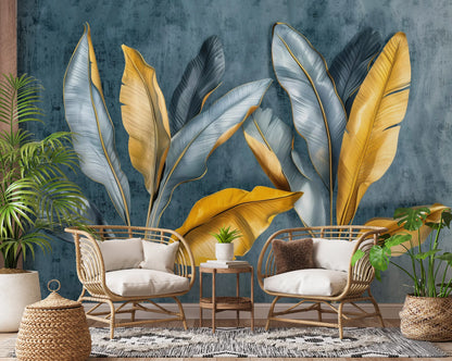 Decorative wall with large leaf patterns in a living room setting.
