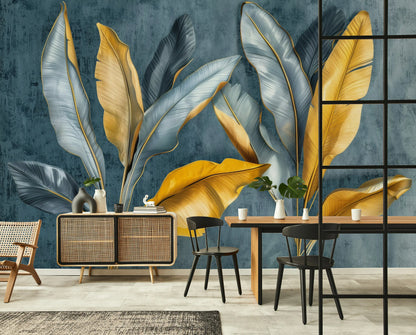 Modern interior with large leaf mural on a wall, wooden table, and chairs.