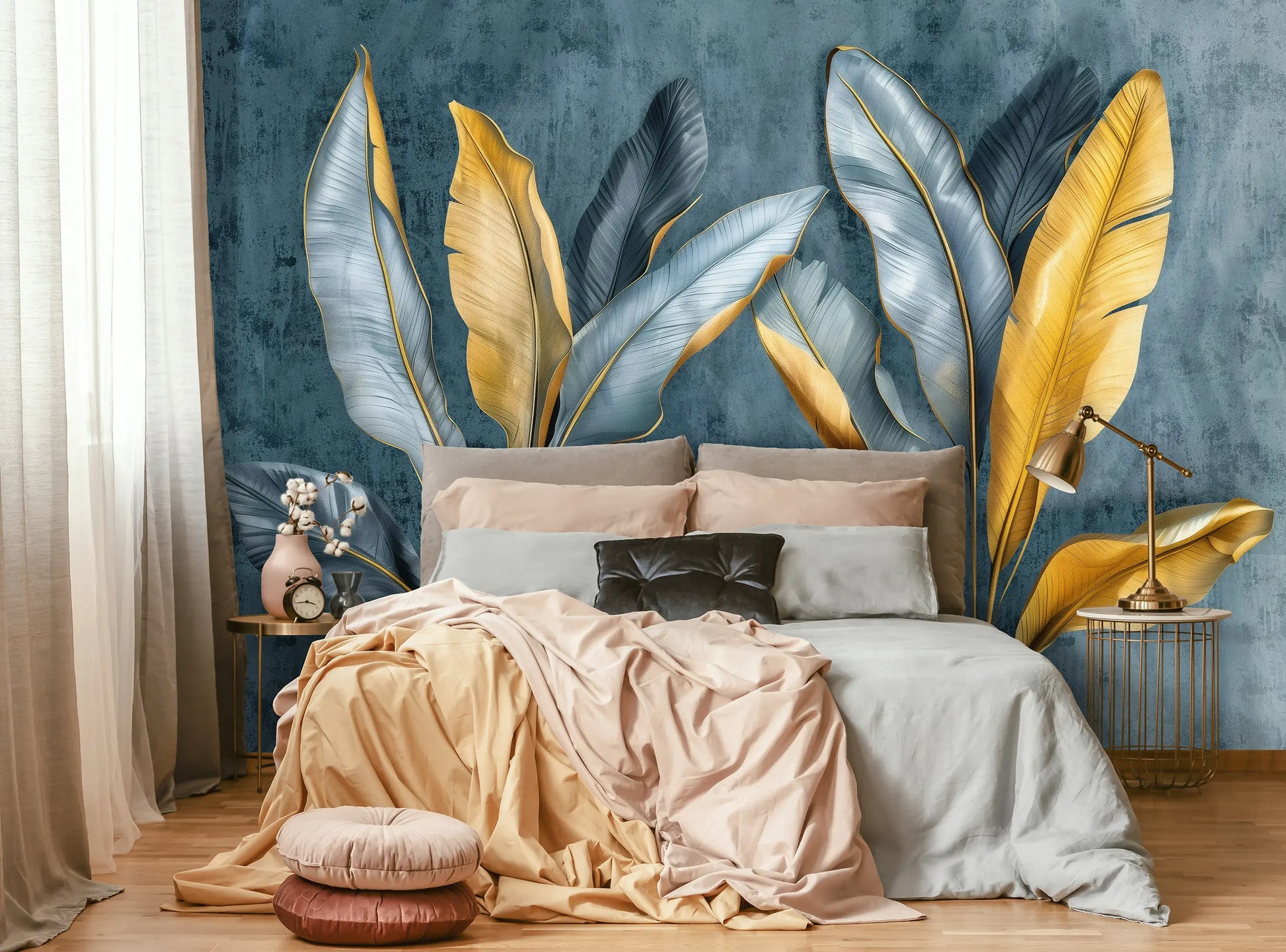 Bedroom with large leaf mural on the wall