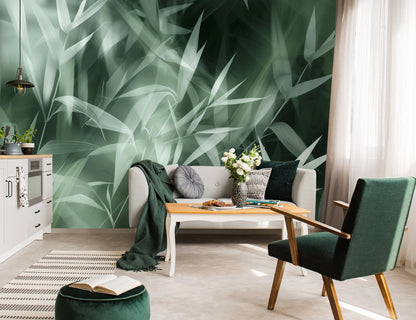 Modern living room with green leafy wallpaper, white sofa, and green armchair.