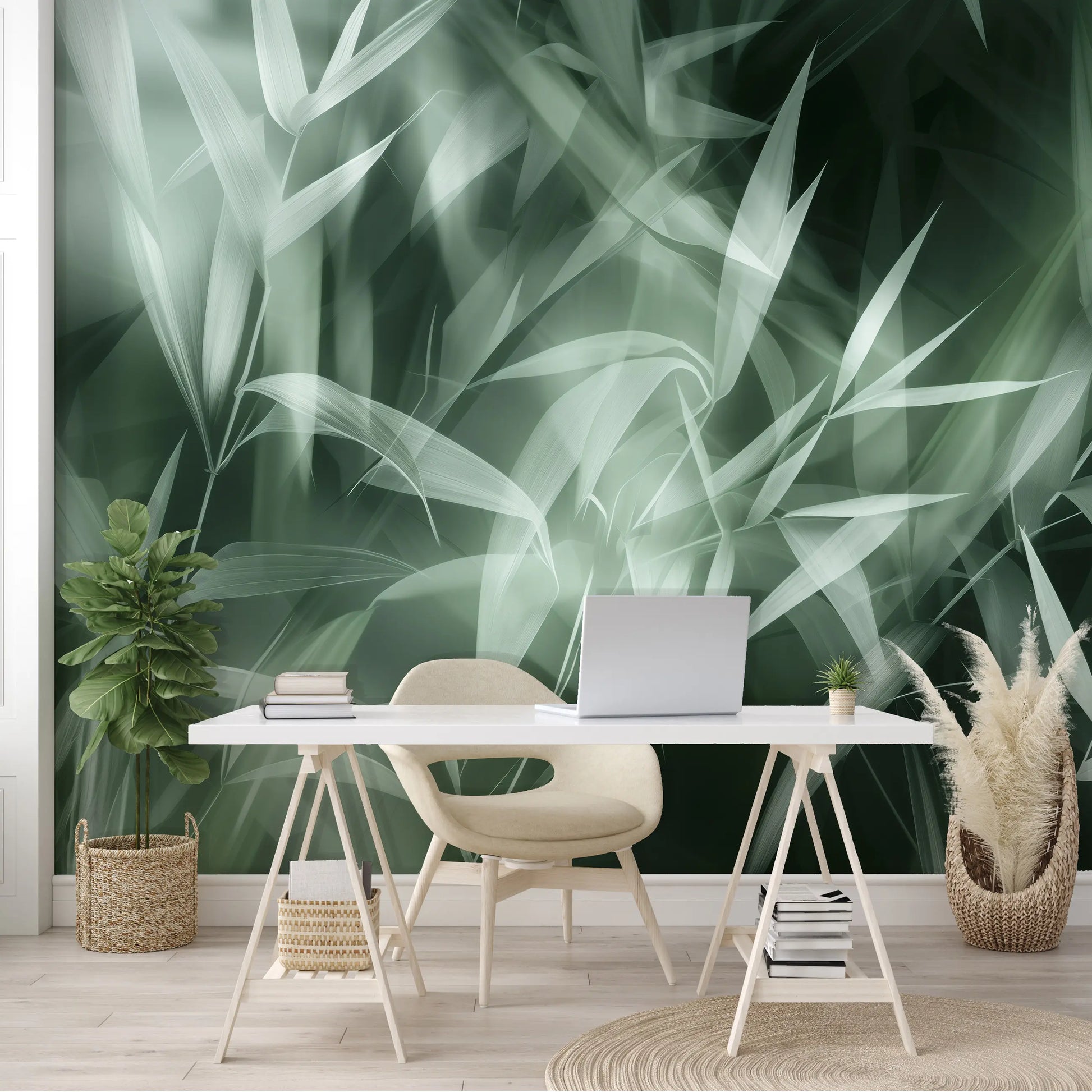 Modern home office with a large green leafy wallpaper, white desk, and beige chair.