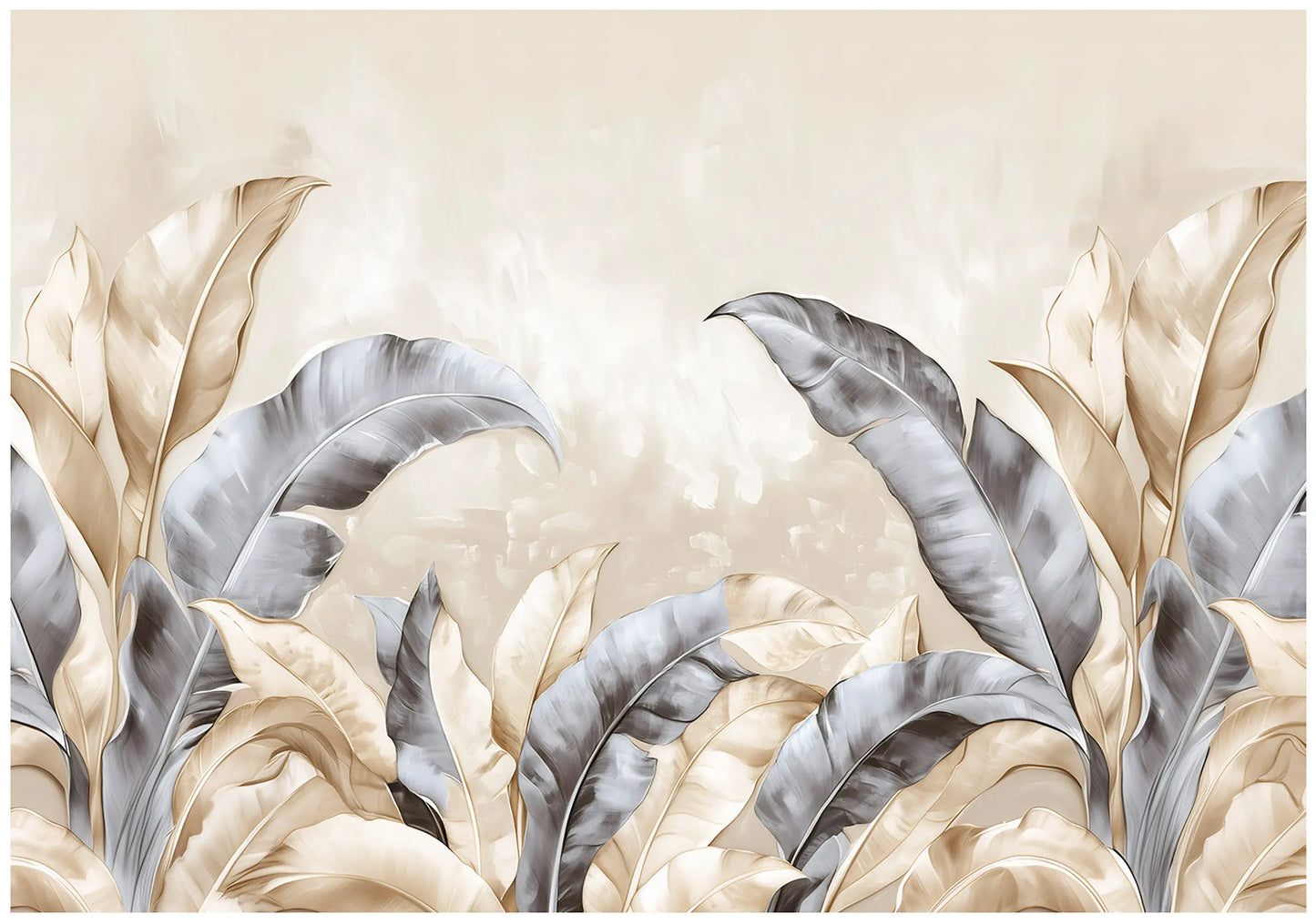 Decorative wallpaper with stylized leaves in beige and gray on a light background