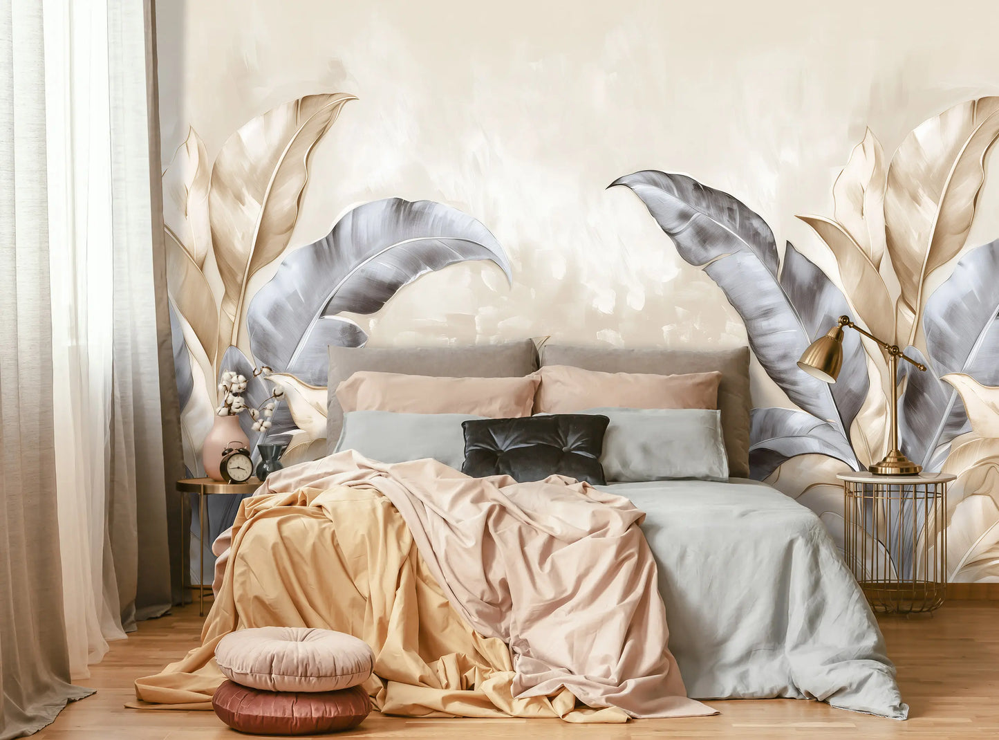 Decorative headboard with floral elements in a bedroom setting