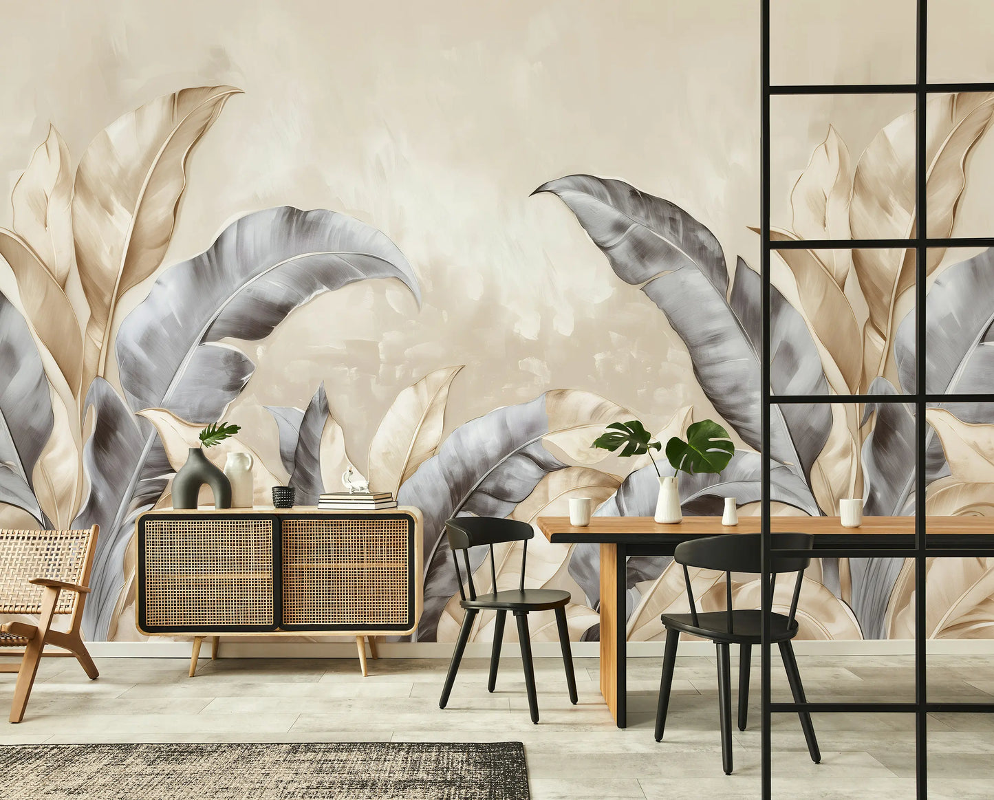 Modern dining room with abstract wall art and furniture