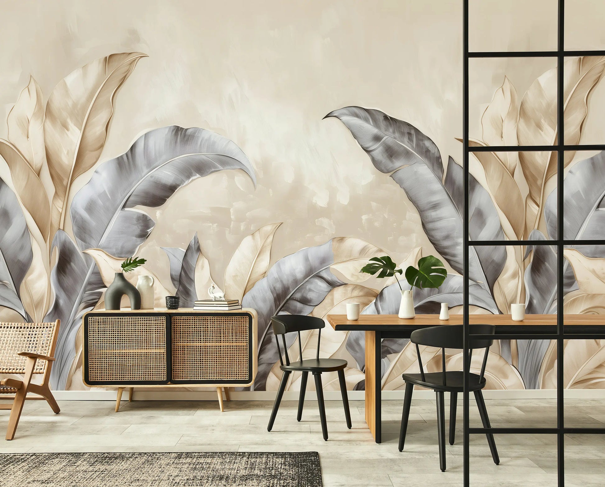 Modern dining room with abstract wall art and furniture