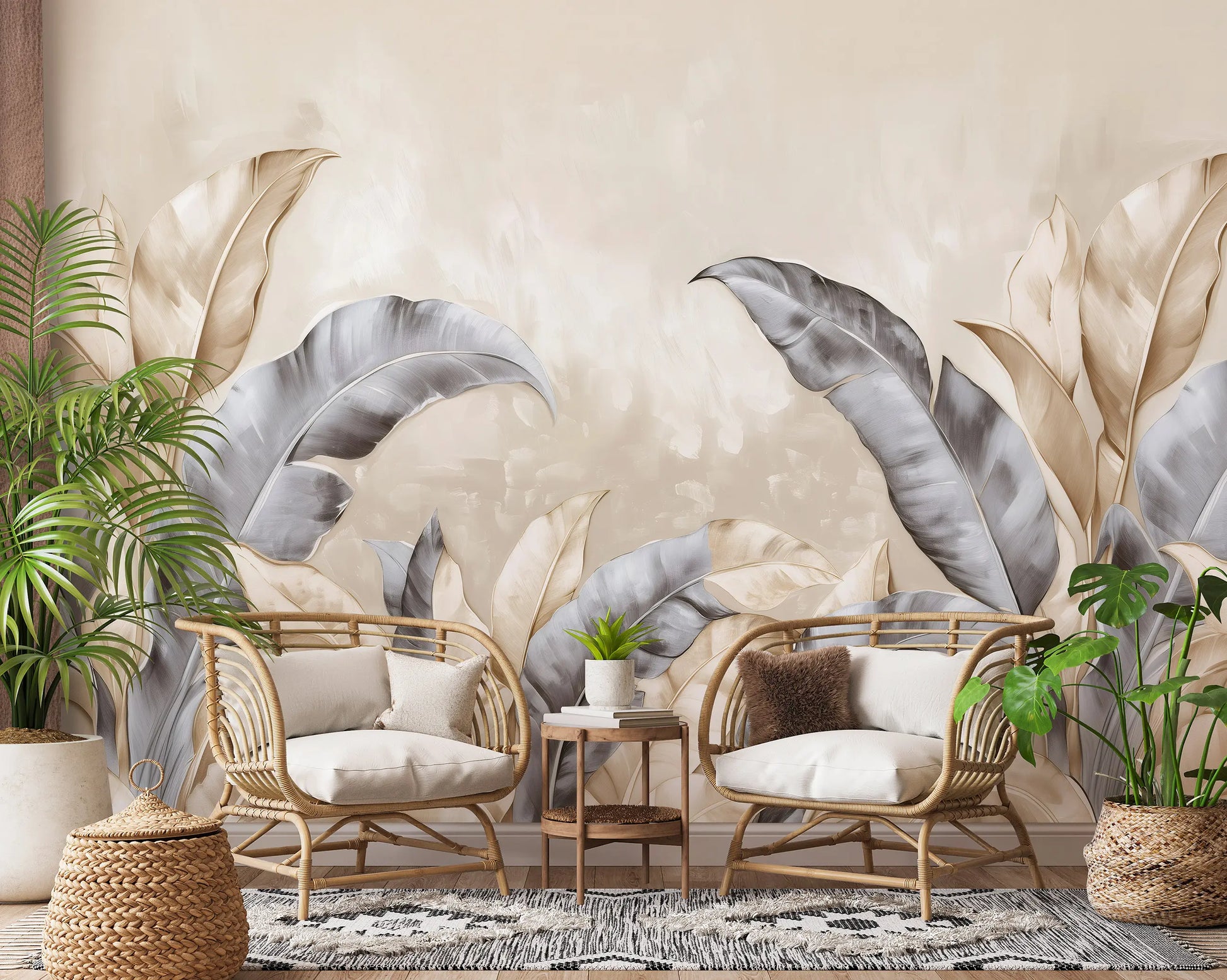 Living room with wicker chairs, plants, and a decorative wall mural.