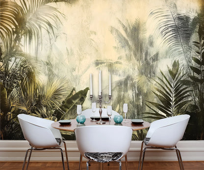 Dining room with tropical leaf wallpaper and a set table.