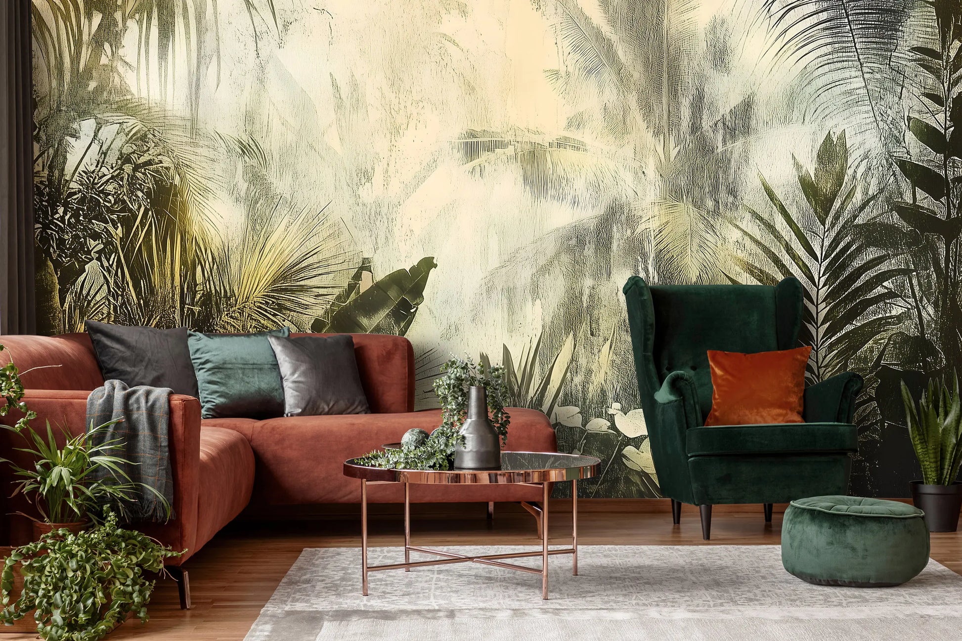 Living room with a red sofa, green armchair, and decorative plants against a tropical wall mural.