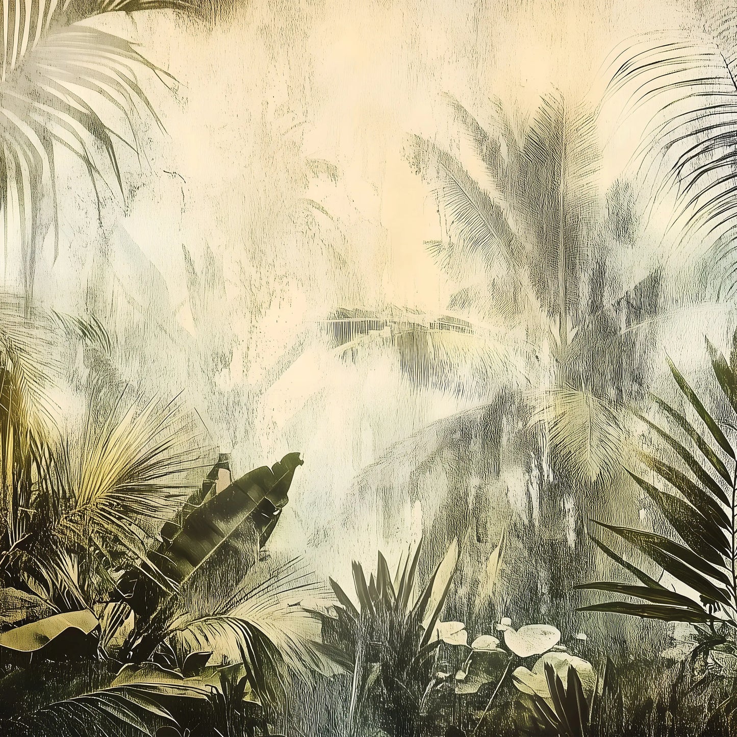 Tropical plant wallpaper with green leaves and abstract patterns on a beige background