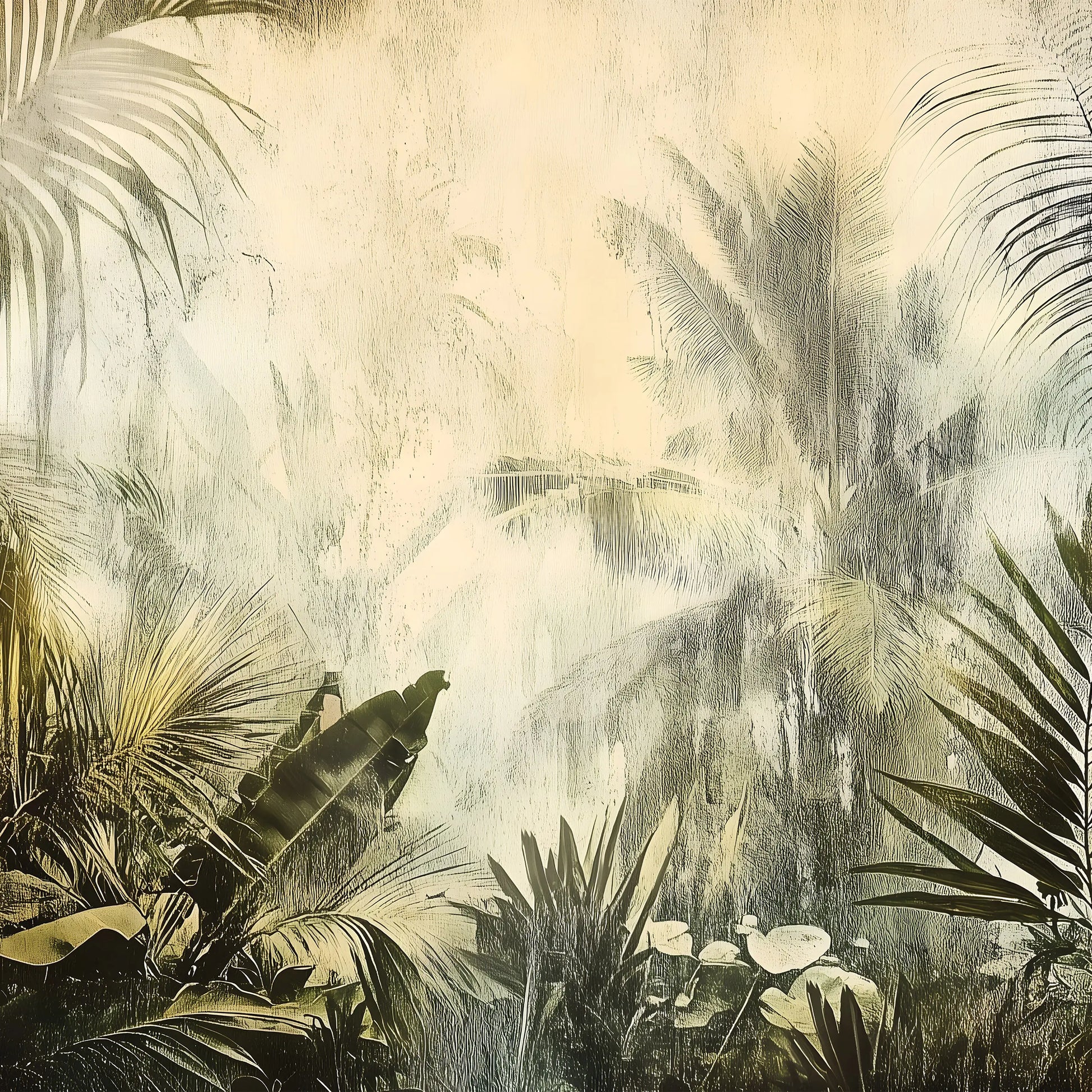 Tropical plant wallpaper with green leaves and abstract patterns on a beige background