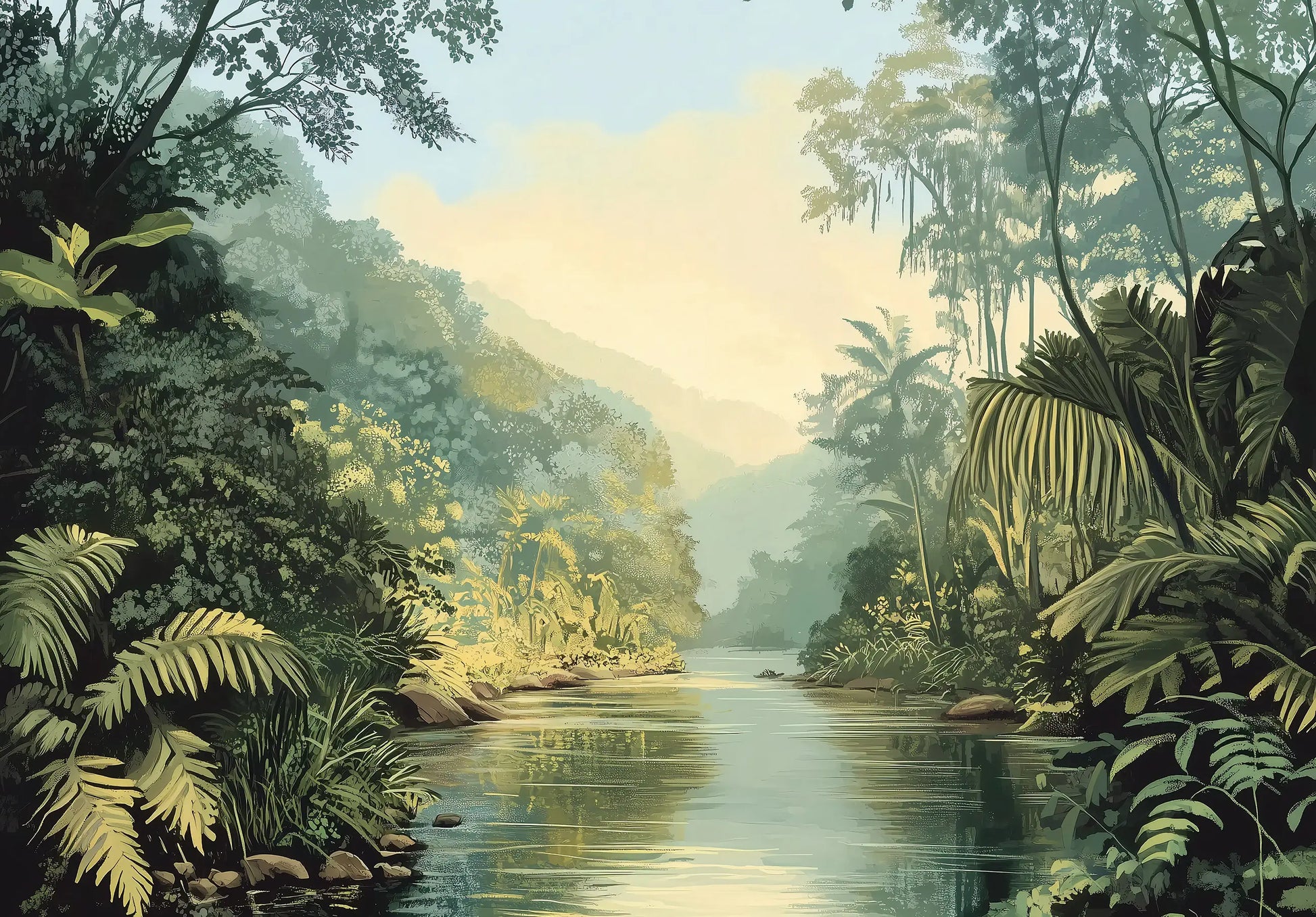 Jungle scene with a river and lush greenery