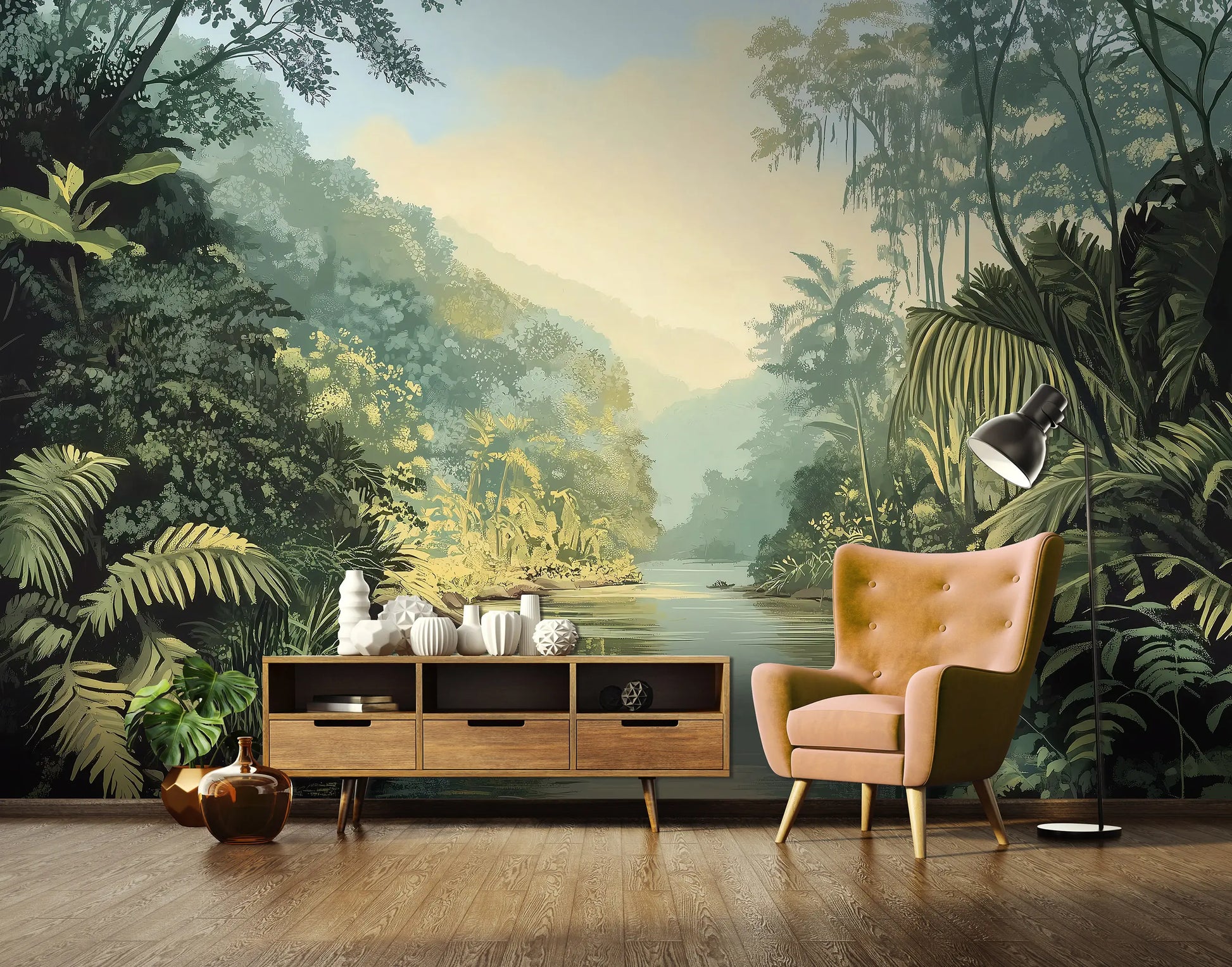 Modern living room with a jungle mural wall, wooden sideboard, and yellow armchair.