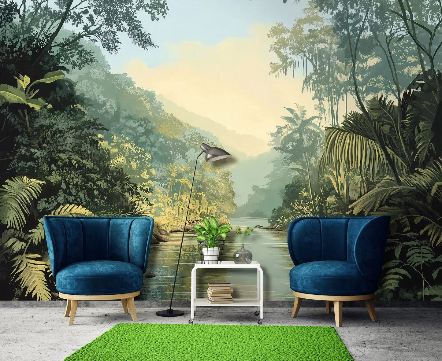 Two blue armchairs in a room with a jungle mural on the wall.